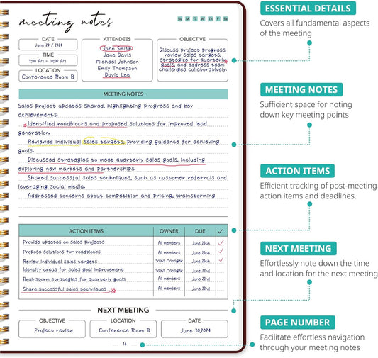 Taja Meeting Notebook for Work Organization - Work notebook with action items, Meeting Minutes Planner Notebook, Perfect Office Supplies for Men & Women - Burgundy