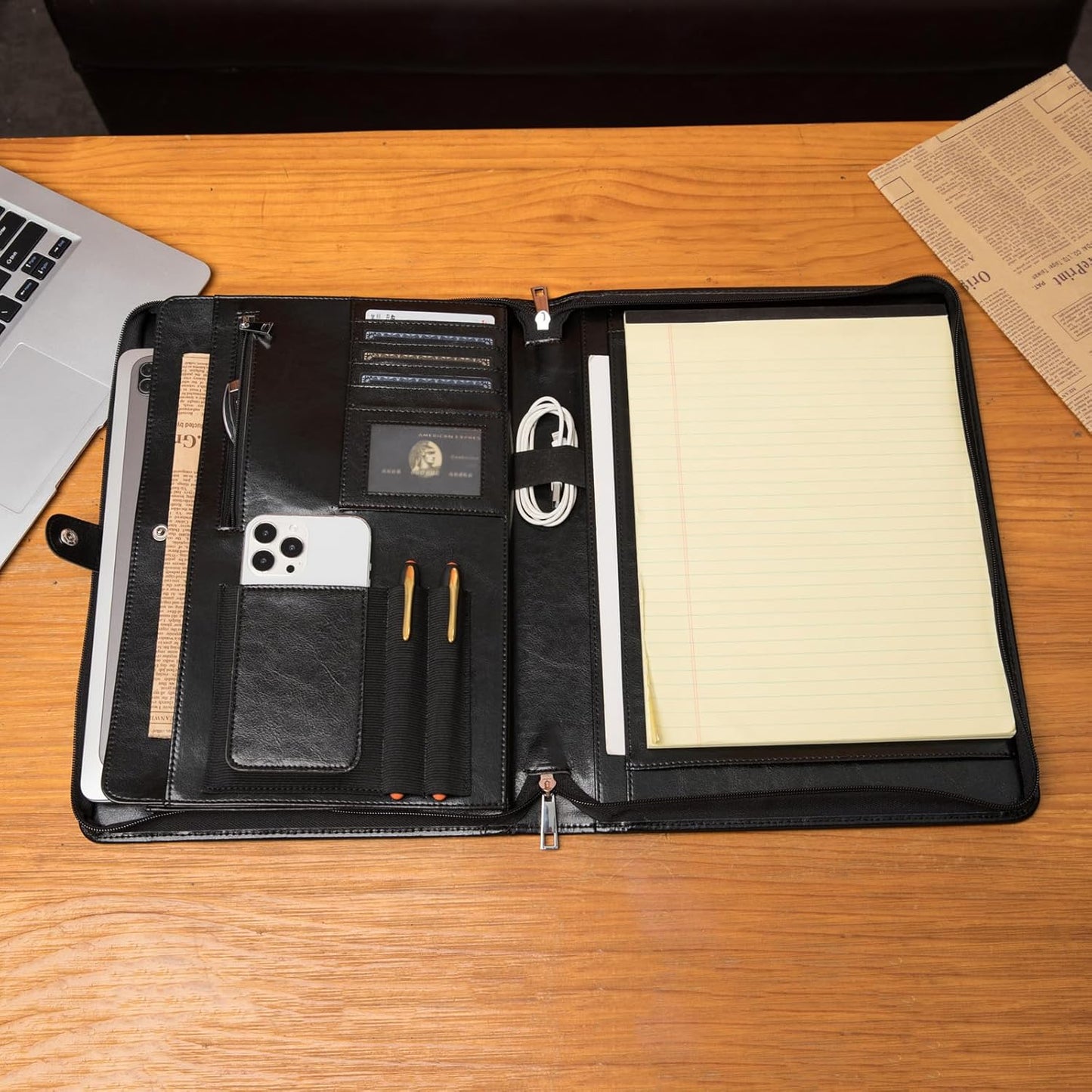 Vegan Leather Portfolio, Legal Size 8.5 x 14 Pad Holder, Business Padfolio for Men and Women, Zippered Laptop Organizer, Executive Professional Work Travel Notepad Folio, Black