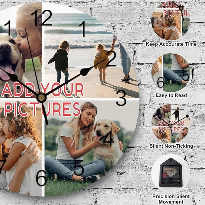Custom 4 Picture Wall Clock, Personalized Round Clock add Your Photo for Kitchen Bedroom Living Room, Customized Christmas Valentine's Day Gift for Couples, Wife, Husband (10", 12", 14")
