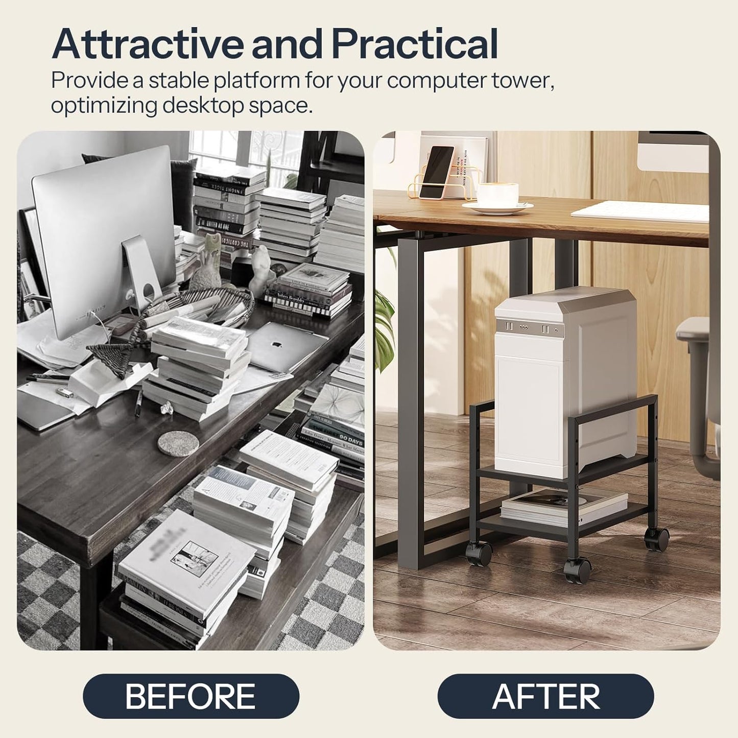 HOOBRO PC Stand, 2-Tier PC Tower Stand Fits Most Computer Towers, CPU Holder for Floor, Height Adjustable, CPU Stand with Wheels Under Desk, for Home Office, Black BB11CJ01