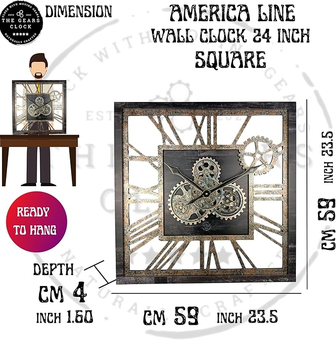 ImprovingLife The Gears Clock 24'' Inch Square Real Moving Gear Wall Clock Vintage Industrial Oversized Rustic Farmhouse (Vintage Black)
