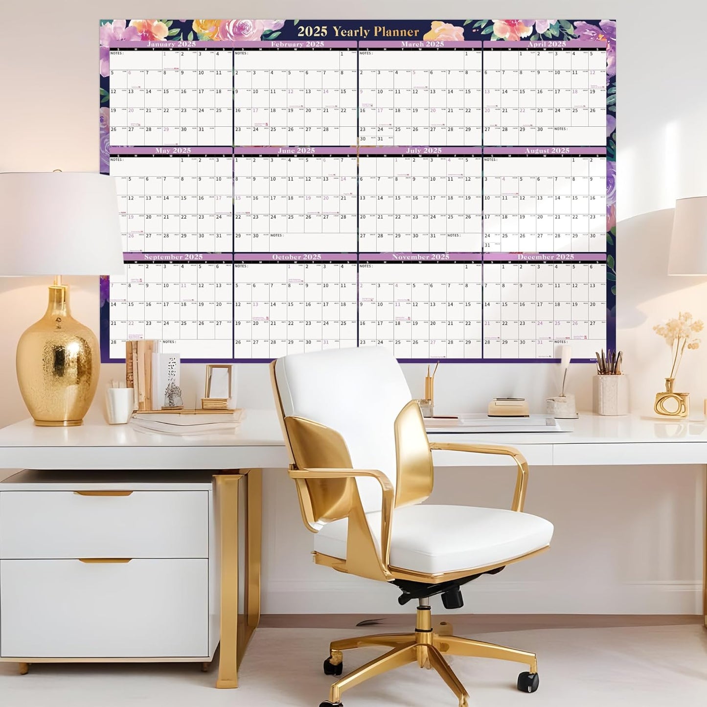 Ospelelf Dry Erase Wall Calendar 2025-2026 Large Laminated Calendar 32'' x 48'' Yearly Office Horizontal 24 Month Calendar, Use Jan 2025 - Dec 2026 (Floral)