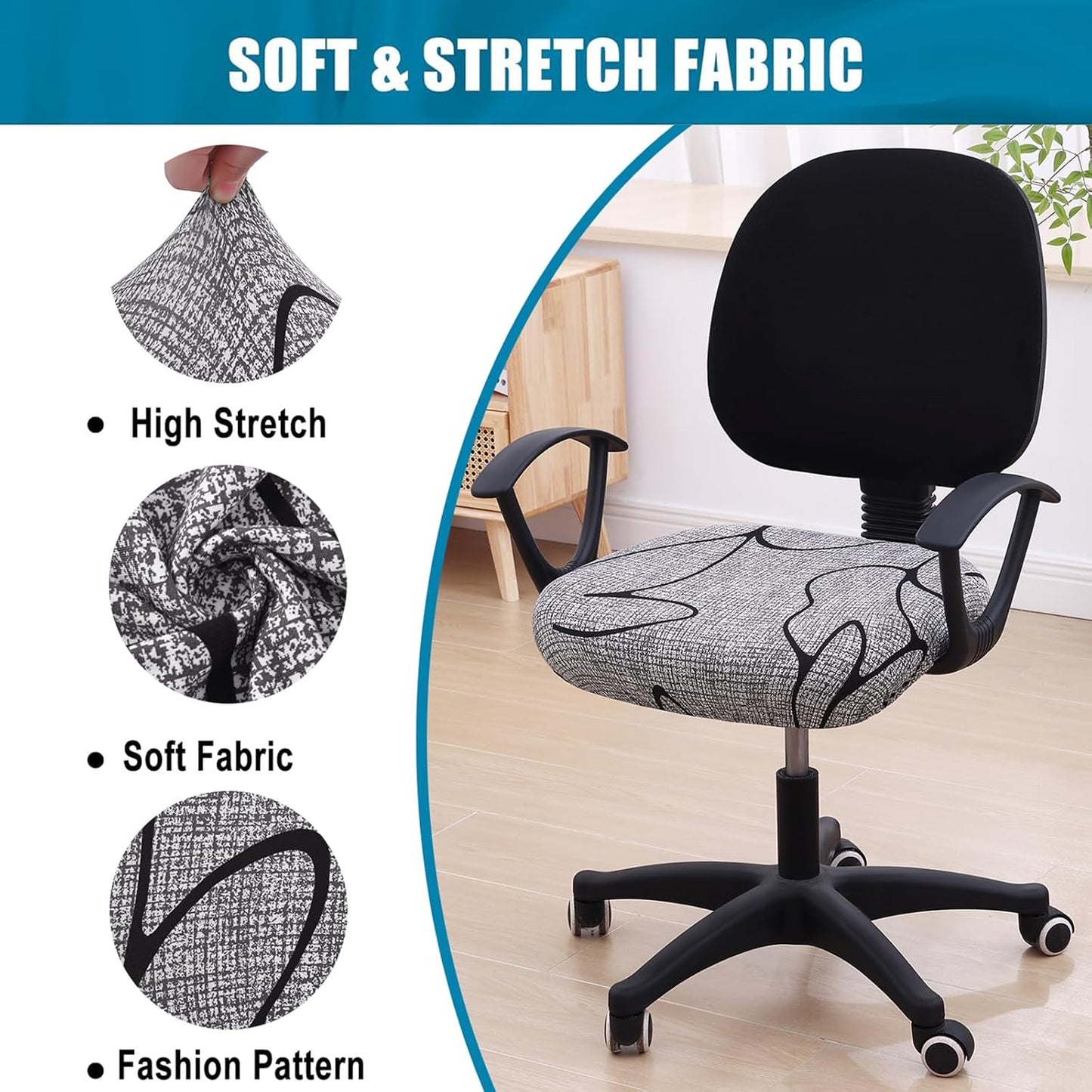 Smiry Printed Office Computer Chair Seat Covers, Stretch Fit Universal Desk Rotating Chair Cover Washable Removable Seat Cushion Protectors - Grey and Black