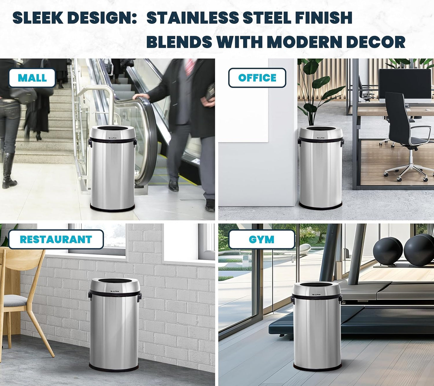 Alpine 17 Gallon Stainless Steel Open Top Trash Can – Commercial-Grade, Corrosion-Resistant, Brushed Finish, Large Capacity Garbage Bin for Home, Office, Restaurant & High-Traffic Areas.