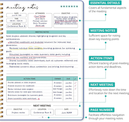 Taja Meeting Notebook for Work Organization - Work notebook with action items, Meeting Minutes Planner Notebook, Perfect Office Supplies for Men & Women - Lavender