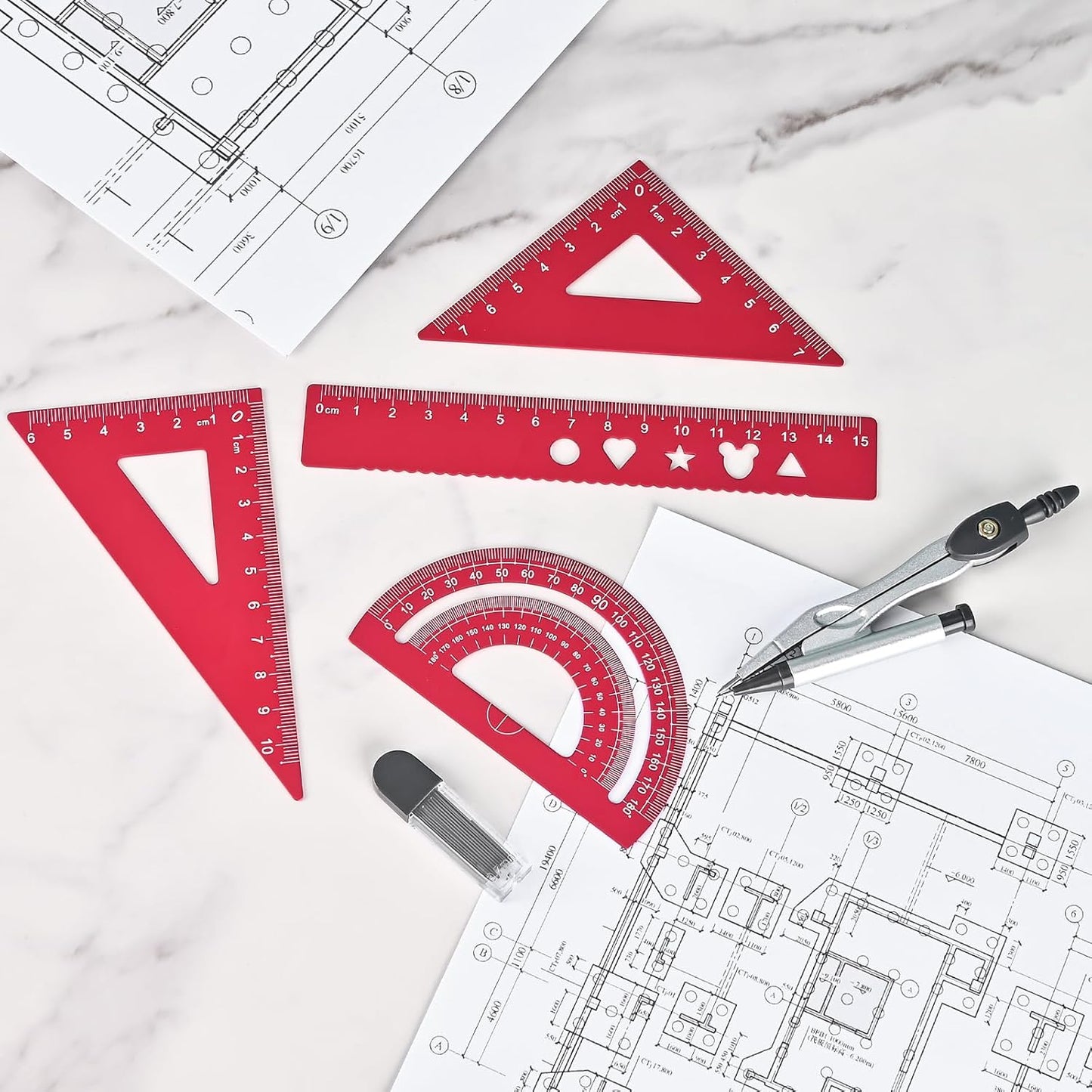 6 Pcs Metal Geometry Set, Math Geometry Kit, Metal Ruler Set and Compass Geometry Tool, Rulers Protractor and Compass Set for Student School and Drawings Supplies (Red)