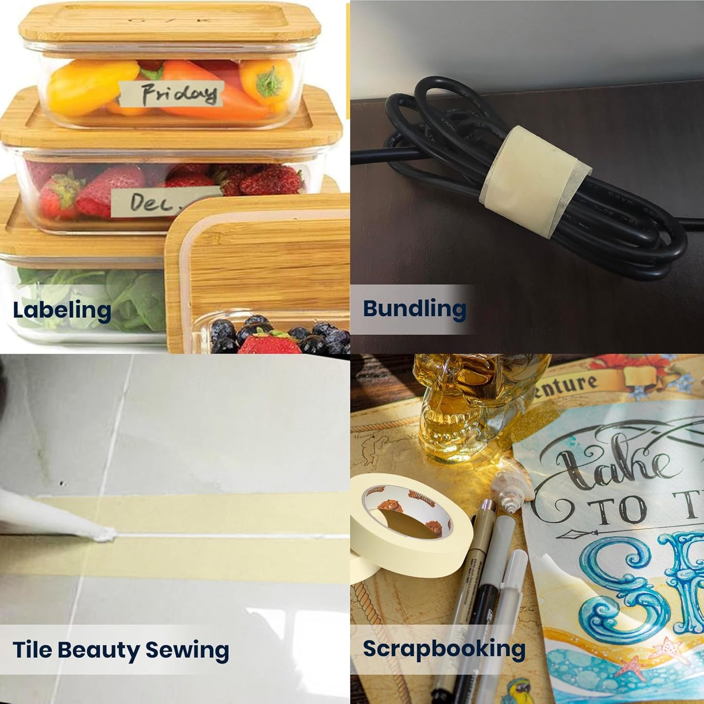 General Purpose Masking Tape 1.41 Inches x 60 Yards, Beige White Painters Tape for Painting, Labeling, DIY Arts Crafts, Home Office School Projects, 6 Rolls