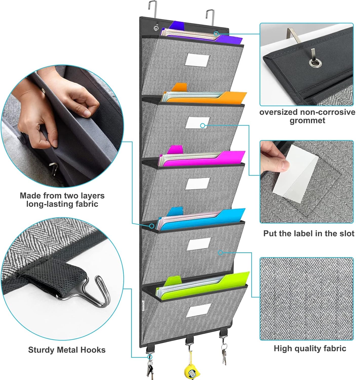 Over the Door File Organizer, Hanging File Folders, Wall Organizers and Storage for Mail, Magazine, Notebooks, Planners, Office, Classroom, 5 Extra Large Pockets, 50.39” Tall (Grey with Herringbone)