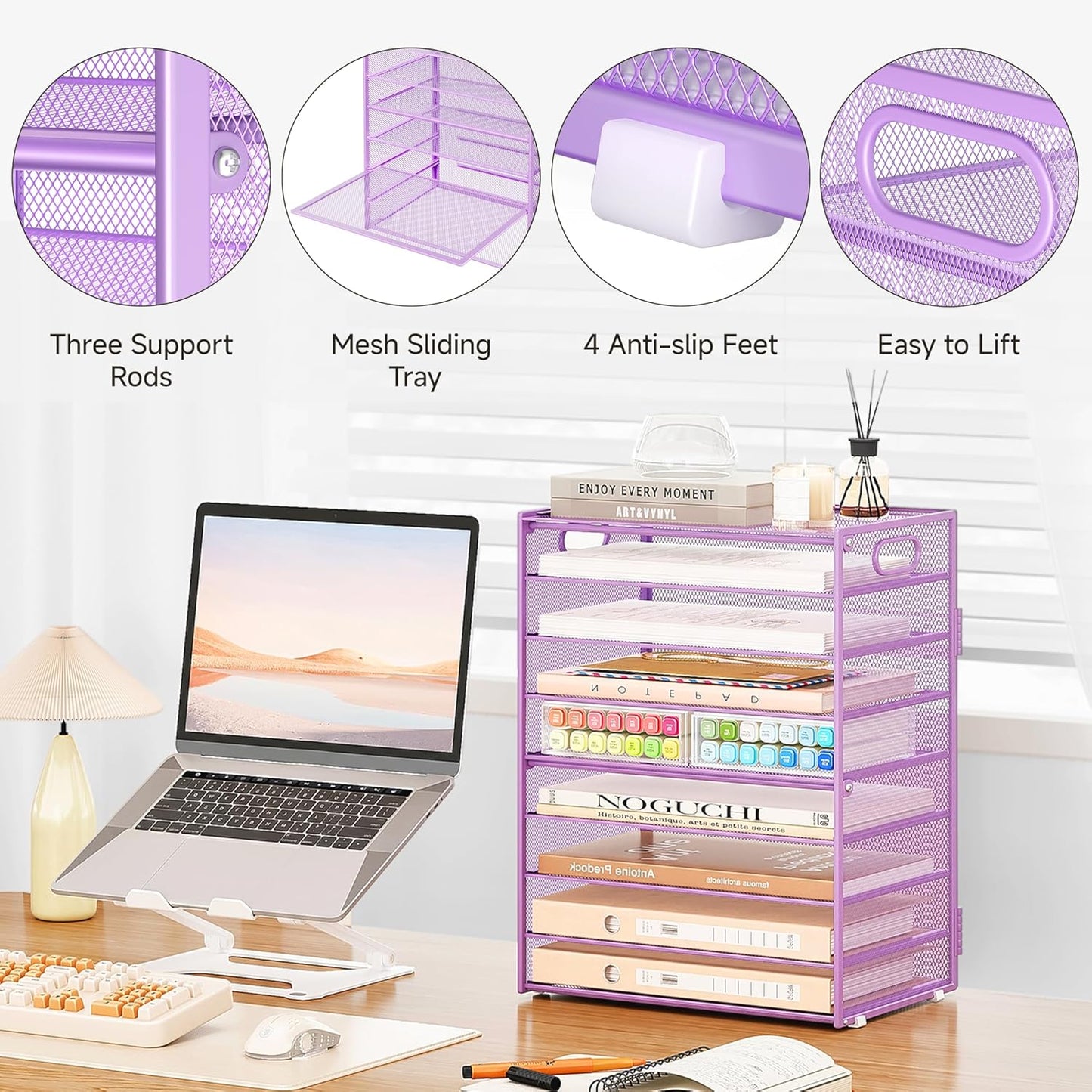 SUBEKYU 9 Tier Paper Letter Tray Desk Organizer with Handles - Purple Metal Mesh File Holder Paper Sorter Desk Organizer for Office Home School, Include 6 Pcs Adjustable Slid Tray, 6 Colors Available