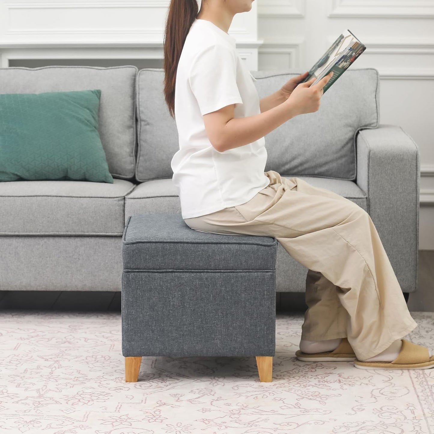 Adeco 17.5" Square Fabric Ottoman with Storage, Upholstered Cotton Linen Foot Rest, Flip Top Footstool, Small Cube Coffee Table Extra Seat for Living Room, Bedroom, Grey with Burlywood Legs