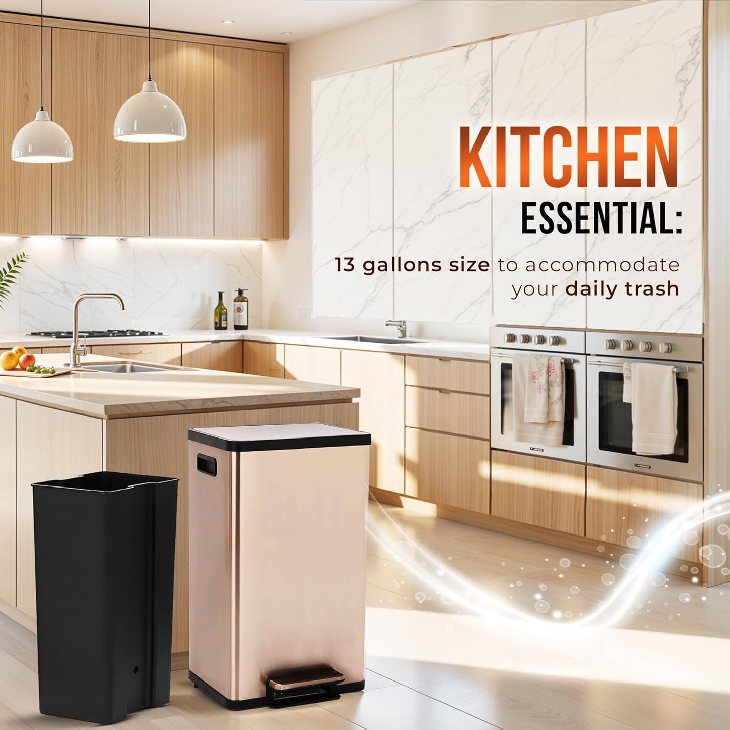 Simpli-Magic 13.2 Gallon (50L) Step Trash Can – Kitchen Garbage Can with Slow-Close Lid – Odor Control, Hands-Free, Easy to Clean, Brushed Stainless Steel (Rose Gold)