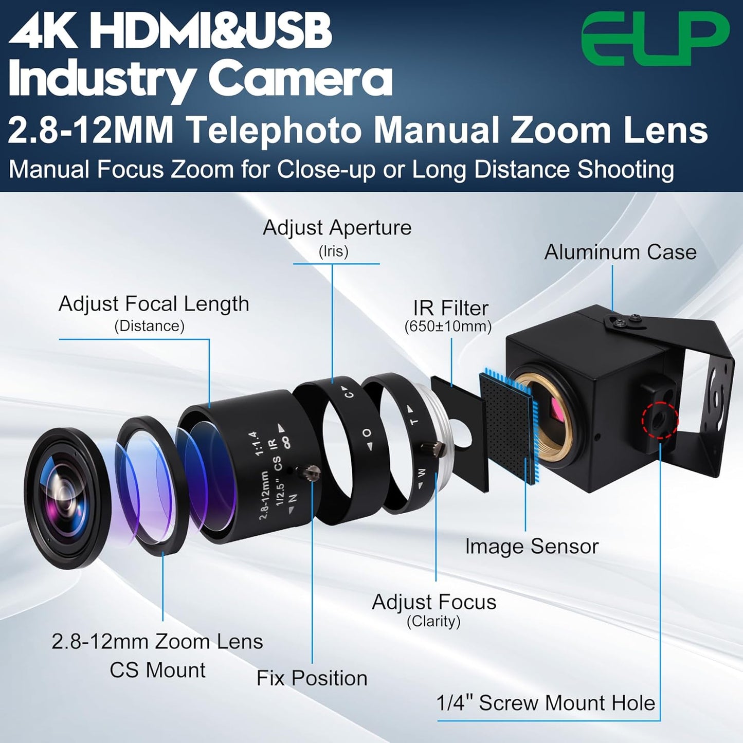 ELP 4K USB HDMI Camera Manual Zoom Webcam - Variable Focus H.264 Telescope USB Security Mini Close-up for Computer - 8mp IMX415 Industrial CCTV (2.8-12mm 4X Zoom Lens)