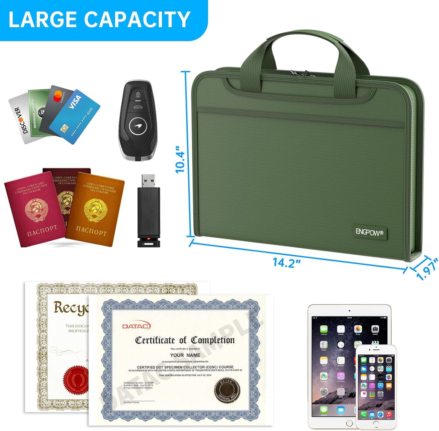 ENGPOW Accordion File Organizer,Fireproof Expanding File Folder with Multi Pockets,13 Pockets Document Organizer with Handle & Labels,Portable Home Travel Safe Storage for Letter A4 Files,Green