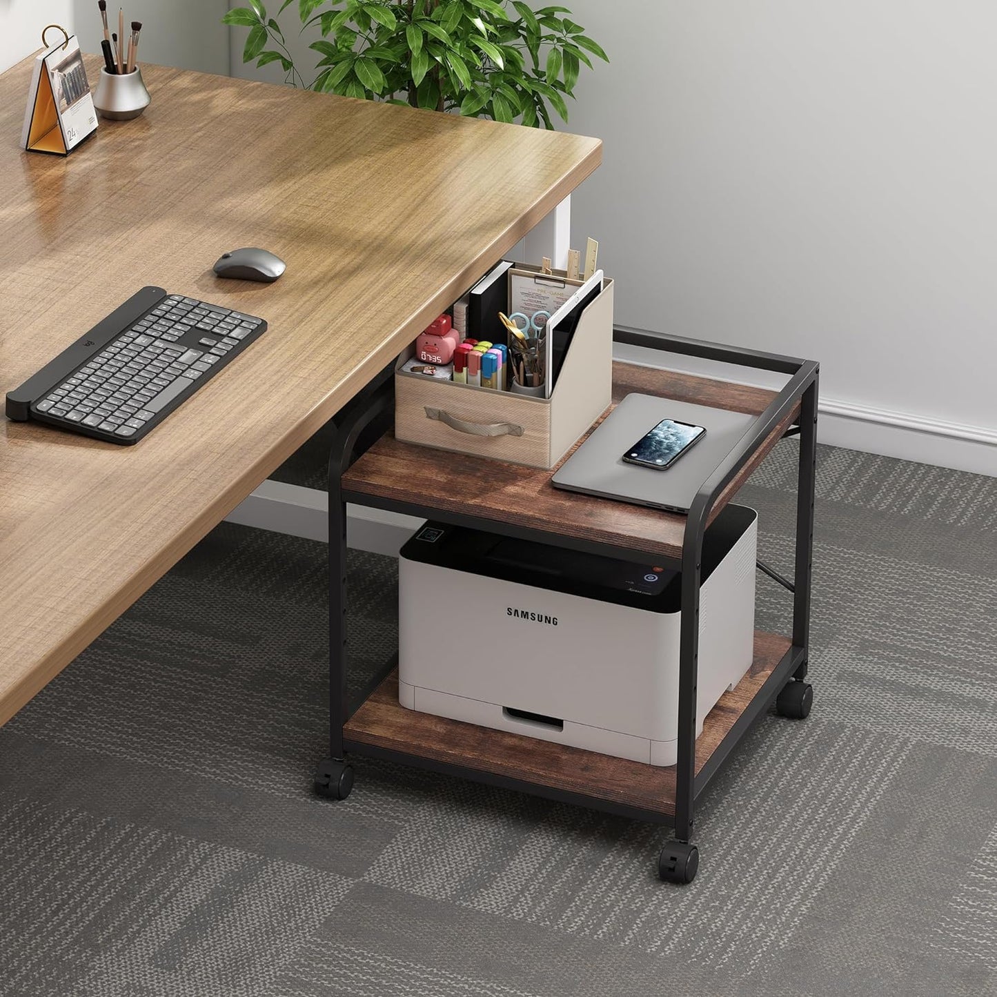 Under Desk Printer Stand, 20 Inches Deep Large Printer Table with Height Adjustable Storage Shelf, 2 Tier Rolling Printer Cart with Wheels for Home Office - Rustic Brown