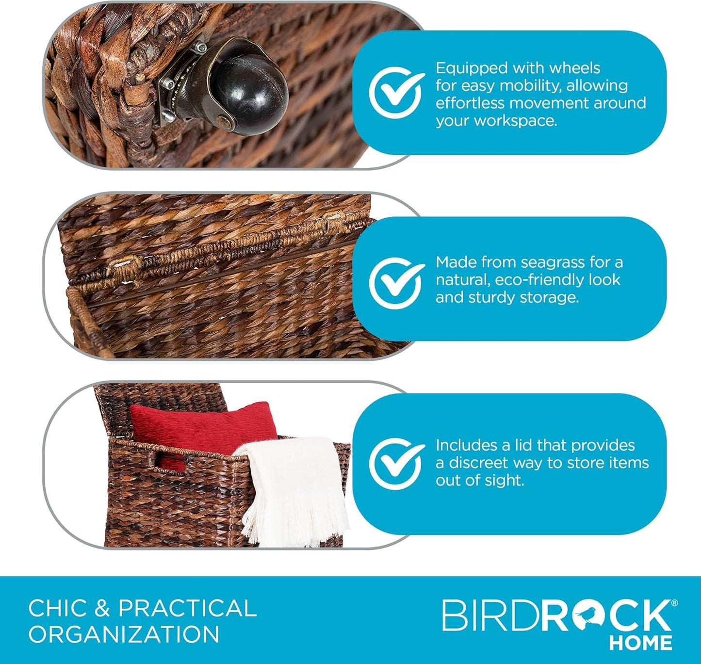 BIRDROCK HOME Seagrass Rolling File Cabinet - Storage Organizer Box with Lid - Home Office Decor - Decorative Organize - Letter Legal Hanging Filing Container - Strong Durable Toy Pillow - Espresso