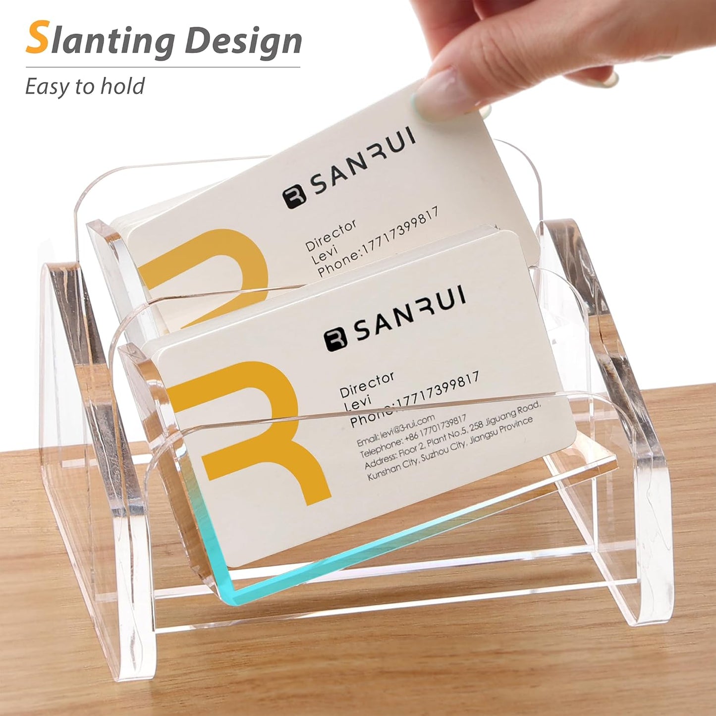SANRUI Acrylic Business Card Holder for Desk, 2 Tier Clear Tilt Business Name Card Display Holders Stand Storage Organizer Fits 120 Business Cards (Horizontal, 2-Slot)