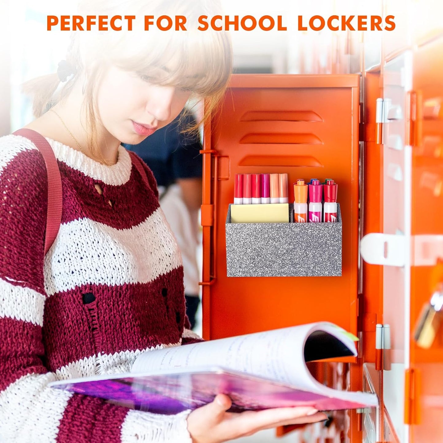 BEYGORM Magnetic Dry Erase Marker Holder for Whiteboard,Non-slip Acrylic Magnet Pen Holder for Fridge Refrigerator,Locker Organizer for Work,Locker Accessories,Pencil Cup for Desk(Silver)