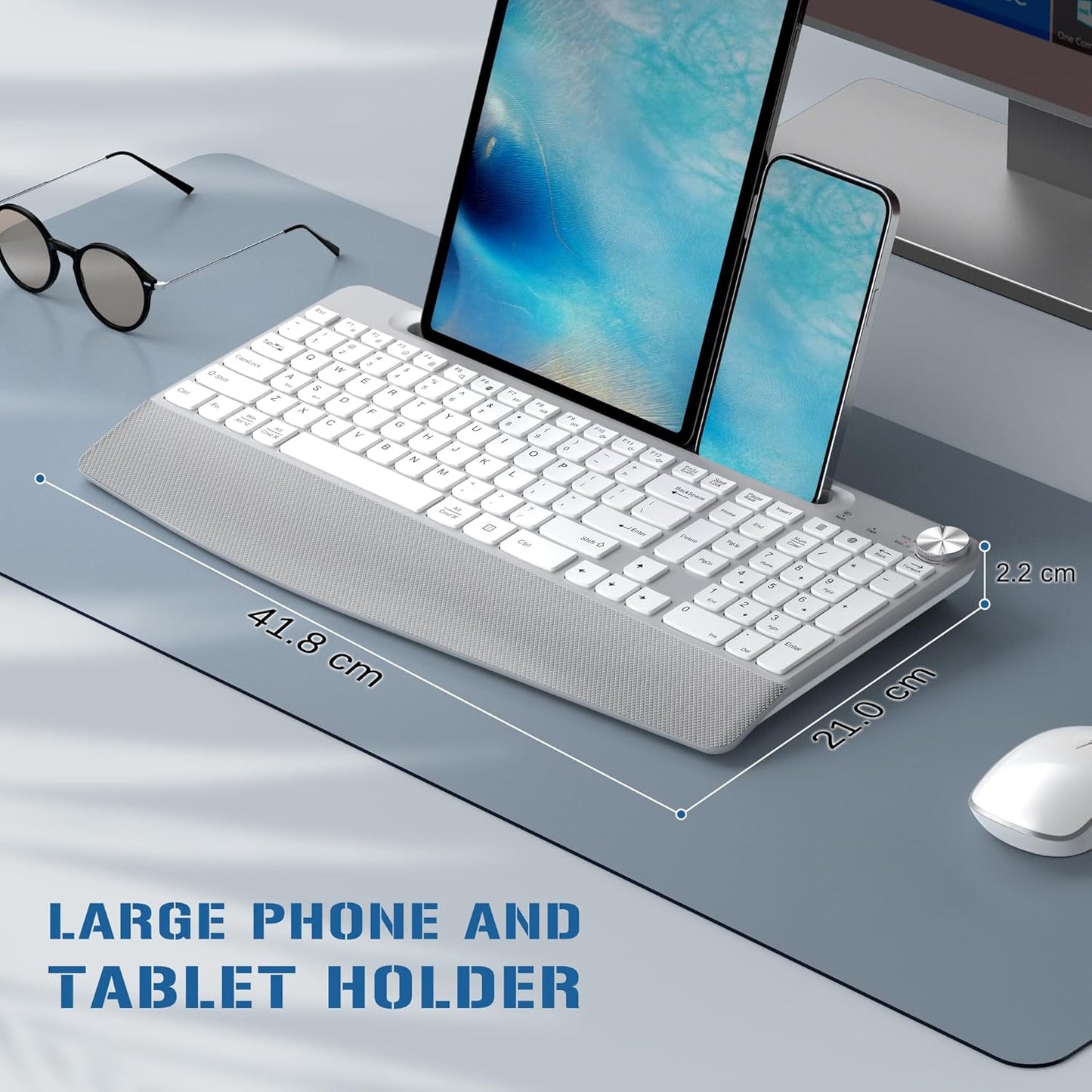 Ergonomic Wireless Keyboard with Wrist Rest-Low-Profile,Phone/Tablet Holder,Quiet Design,Windows & Mac OS,Full Size Cordless USB Computer Keyboard for Desktop,Laptop, PC, Mac, Windows-White
