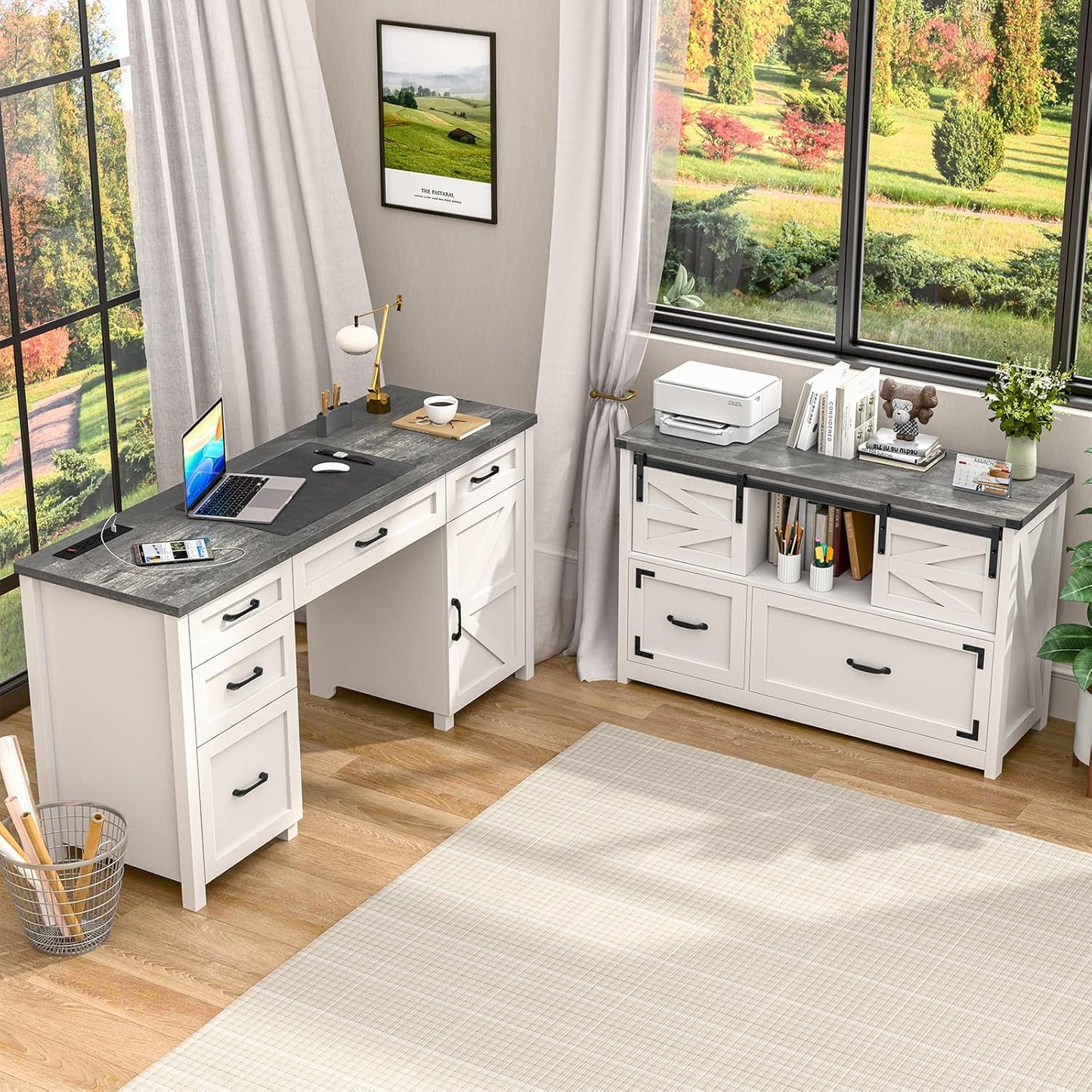 Lateral File Cabinets 2 Drawer with Sliding Barn Doors, Farmhouse Filing Cabinet with 2 Drawer for Home Office,Filing Organization Storage Cabinets for Hanging Files Letter/Legal/F4/A4.(Dark Grey.)