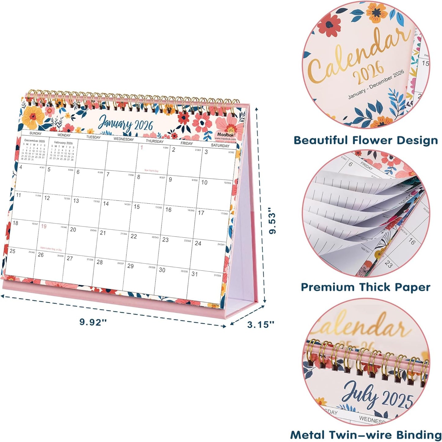 2026 Desk Calendar - Jan. 2026 β Dec. 2026, Standing Flip Calendar 2026, 12 Months Desktop Calendar, 10" x 8.3", Thick Paper, Strong Binding, Stand Up, with Memo Pages οΌ Blank Blocks