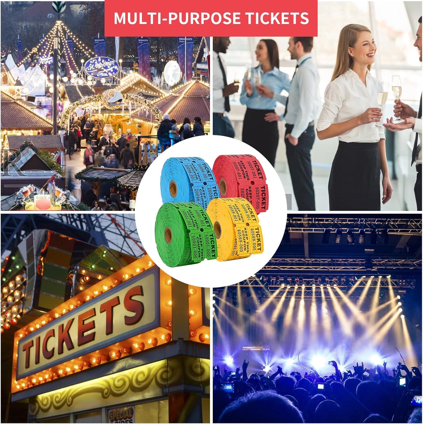 L LIKED 4000 Pairs Double Raffle Tickets - 4 Assorted Colors (Blue, Yellow, Red, Green), 1000 Tickets per Roll for Events, Fundraisers & Parties