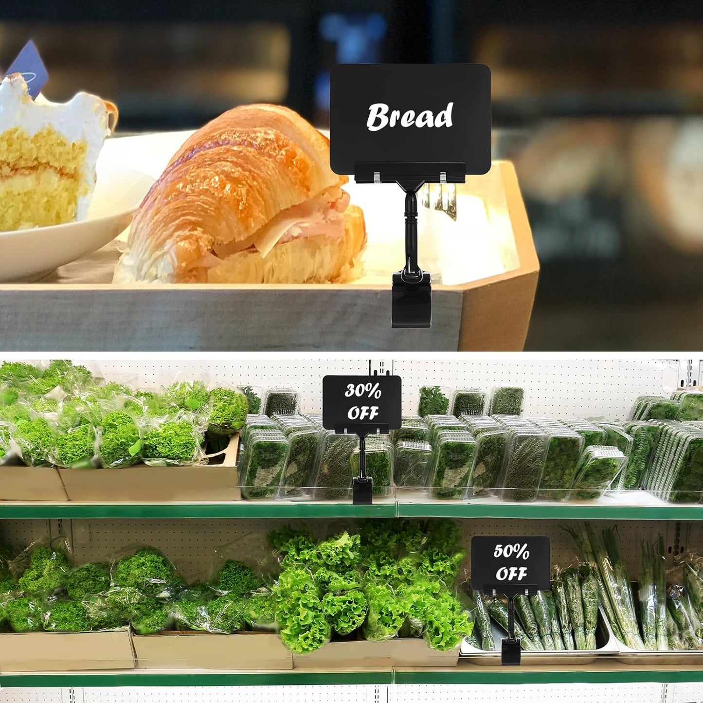 30Pcs Mini Chalkboard Sign Clips 360° Rotating Double Head Clip On Sign Holder Erasable Price Display Signs for Shelves, Store, Business, Exhibition(Black)