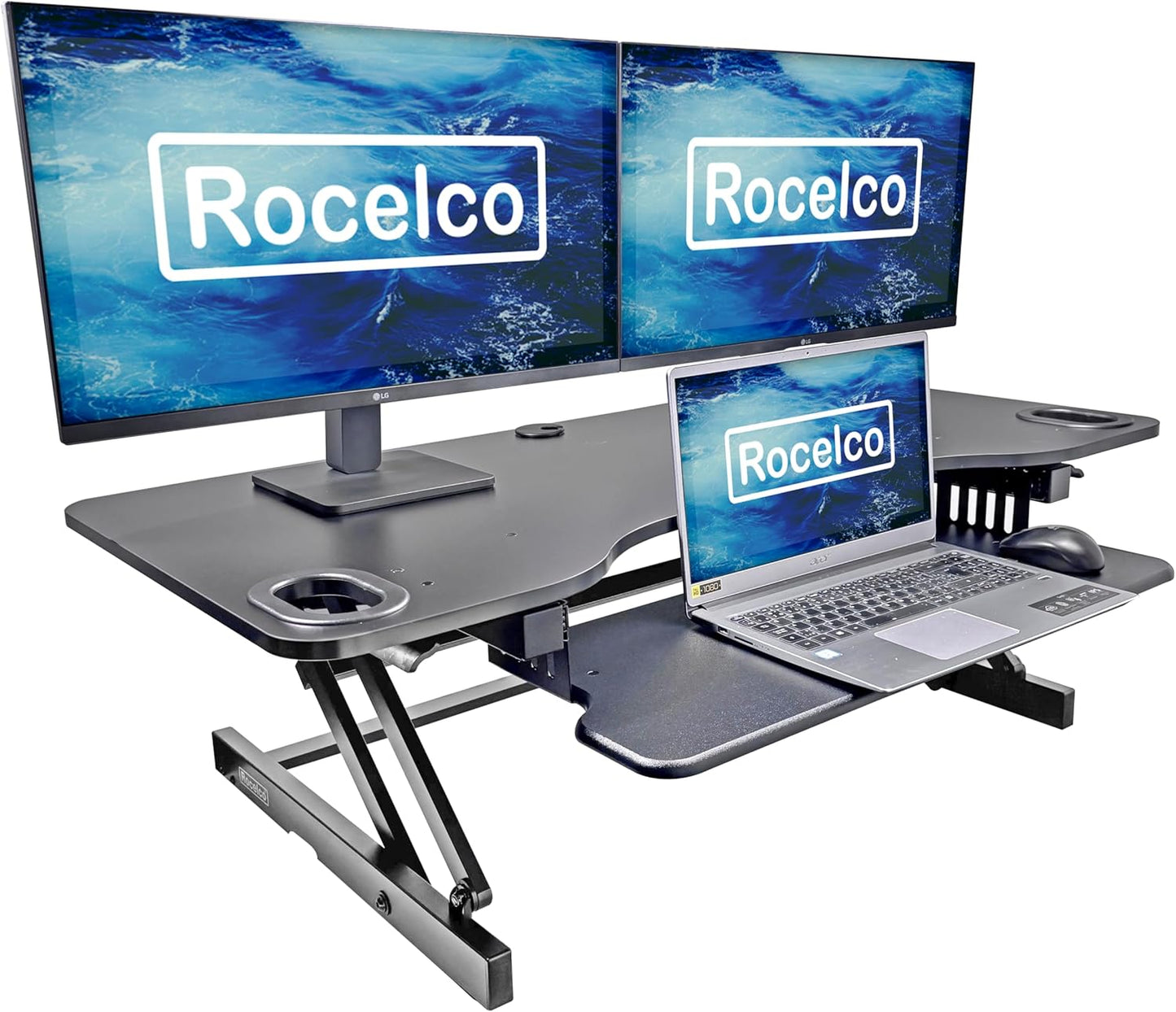 Rocelco 45" Height Adjustable Standing Desk Converter with Dual Monitor Mount and Slide Out Retractable Keyboard Tray - Sit Stand Up Triple Screen Tabletop Riser Workstation - Black (R ADRB-45-DM2)