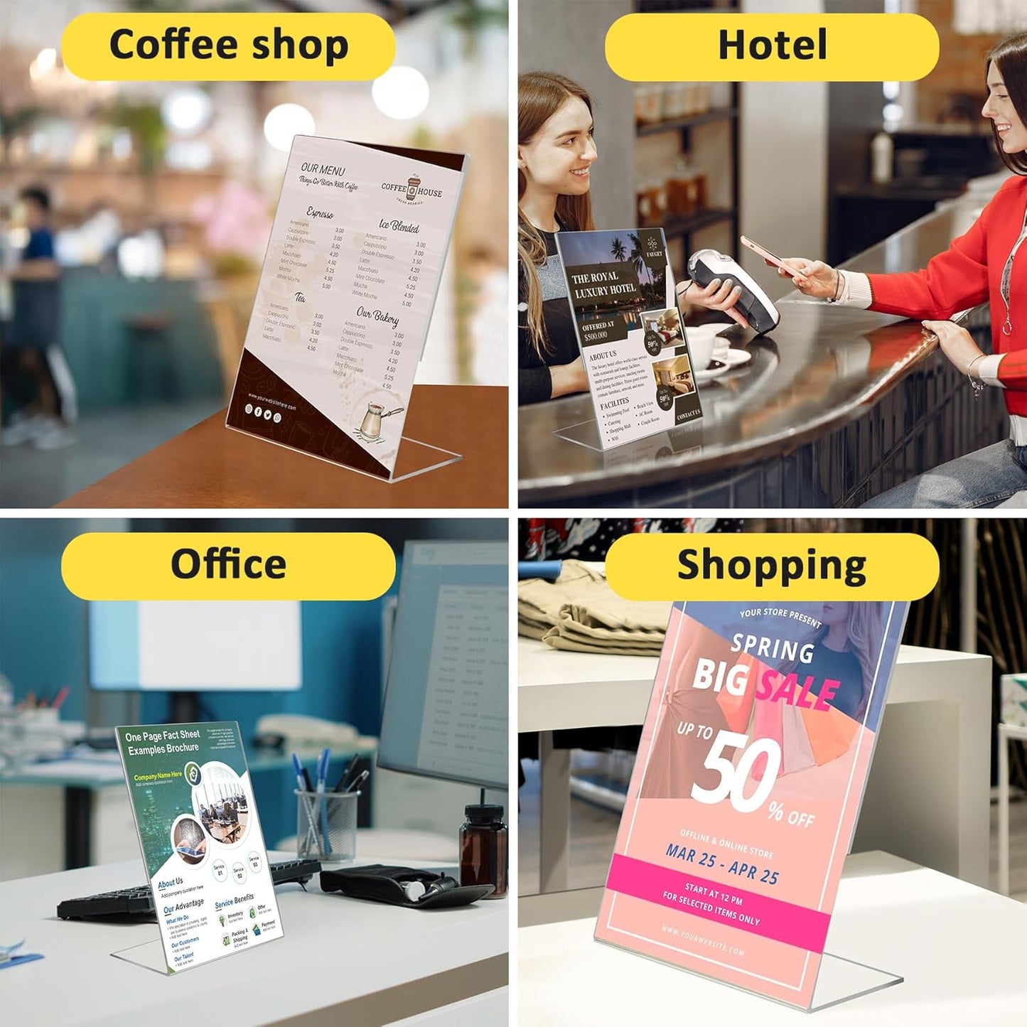 8 Pack Acrylic Sign Holder, Clear 8.5 x 11 Inch Slant Back Vertical Sign Holder, Tabletop Plastic Paper Picture Frame Flyer Document Display Stand for Home, Office, Restaurants, and Stores