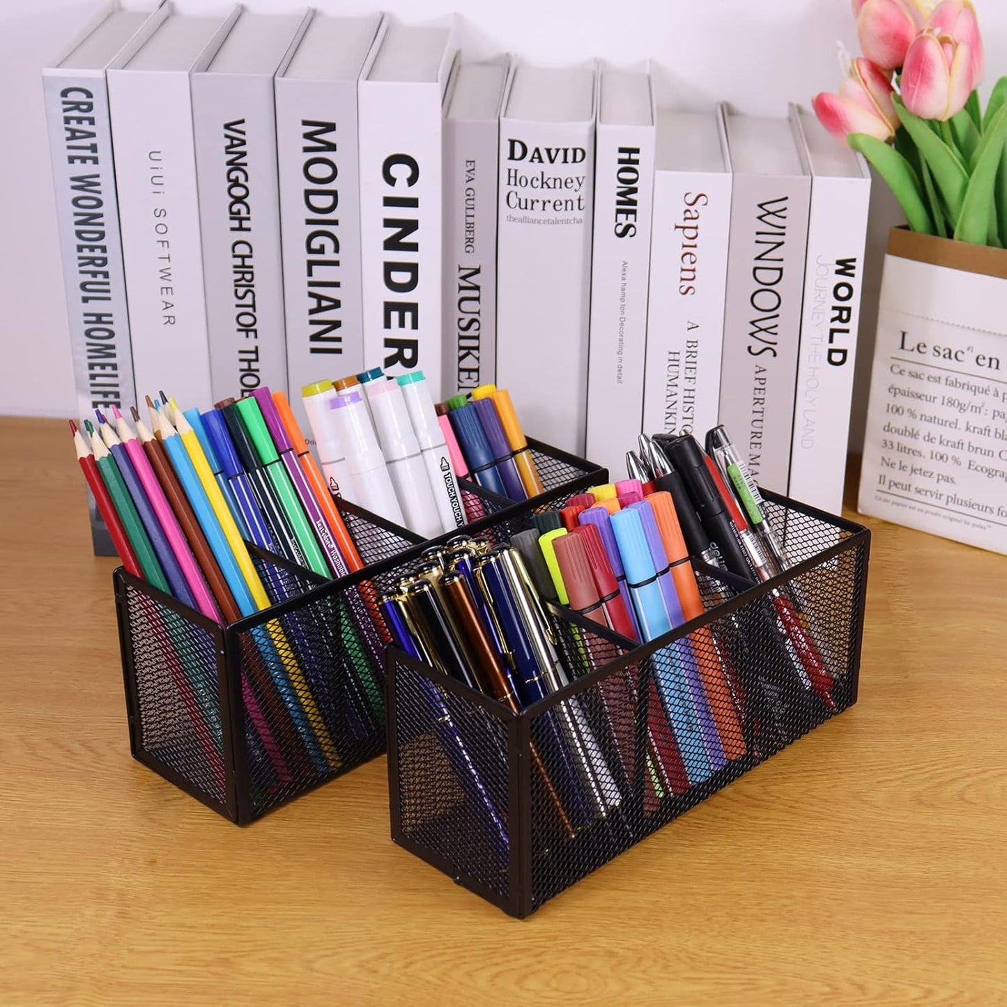 2PCS Black Mesh Pen Pencil Holder, Small Metal Desk Organizer Desktop Stationery Office Supplies Acessories Storage Stand, 3 Compartments Brushes Holder for Home School Classroom Teachers