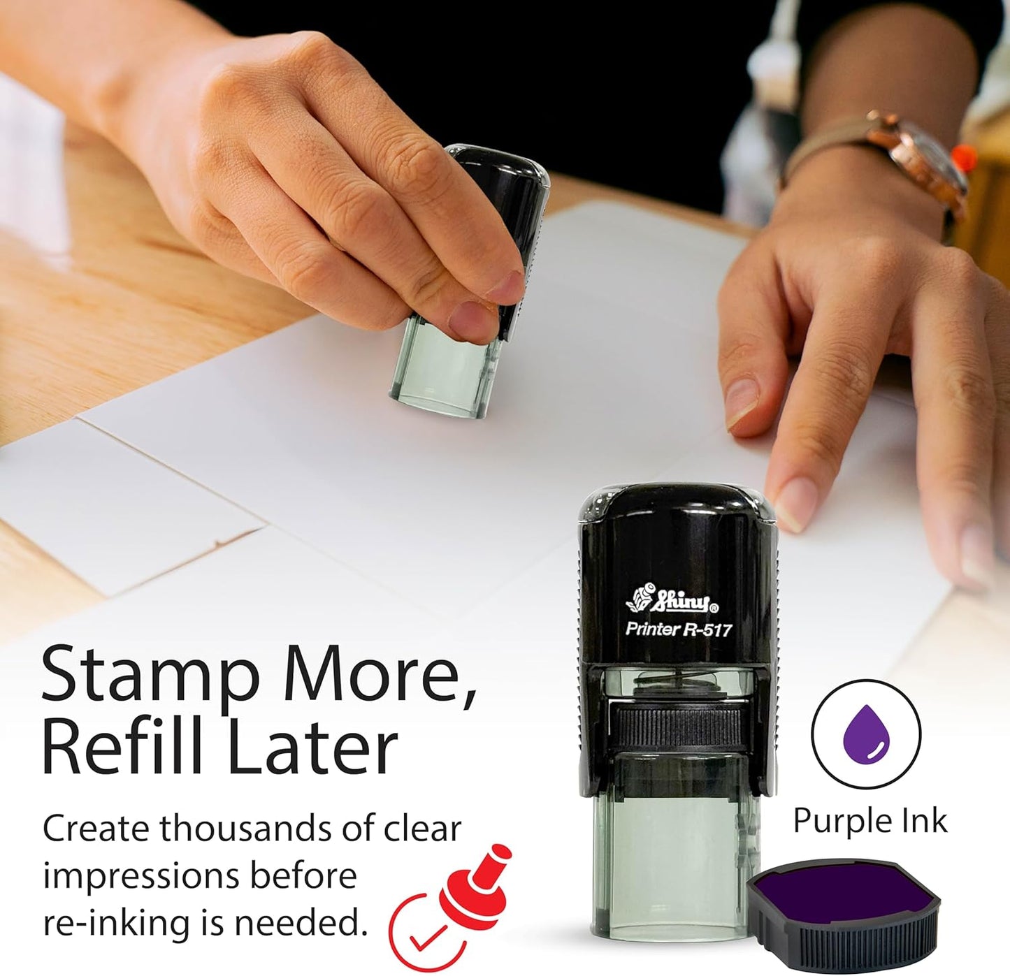 Shiny Gratuity Included Stamp, Round Self Inking Stamp for Restaurant, Bar and Retail, Purple Ink