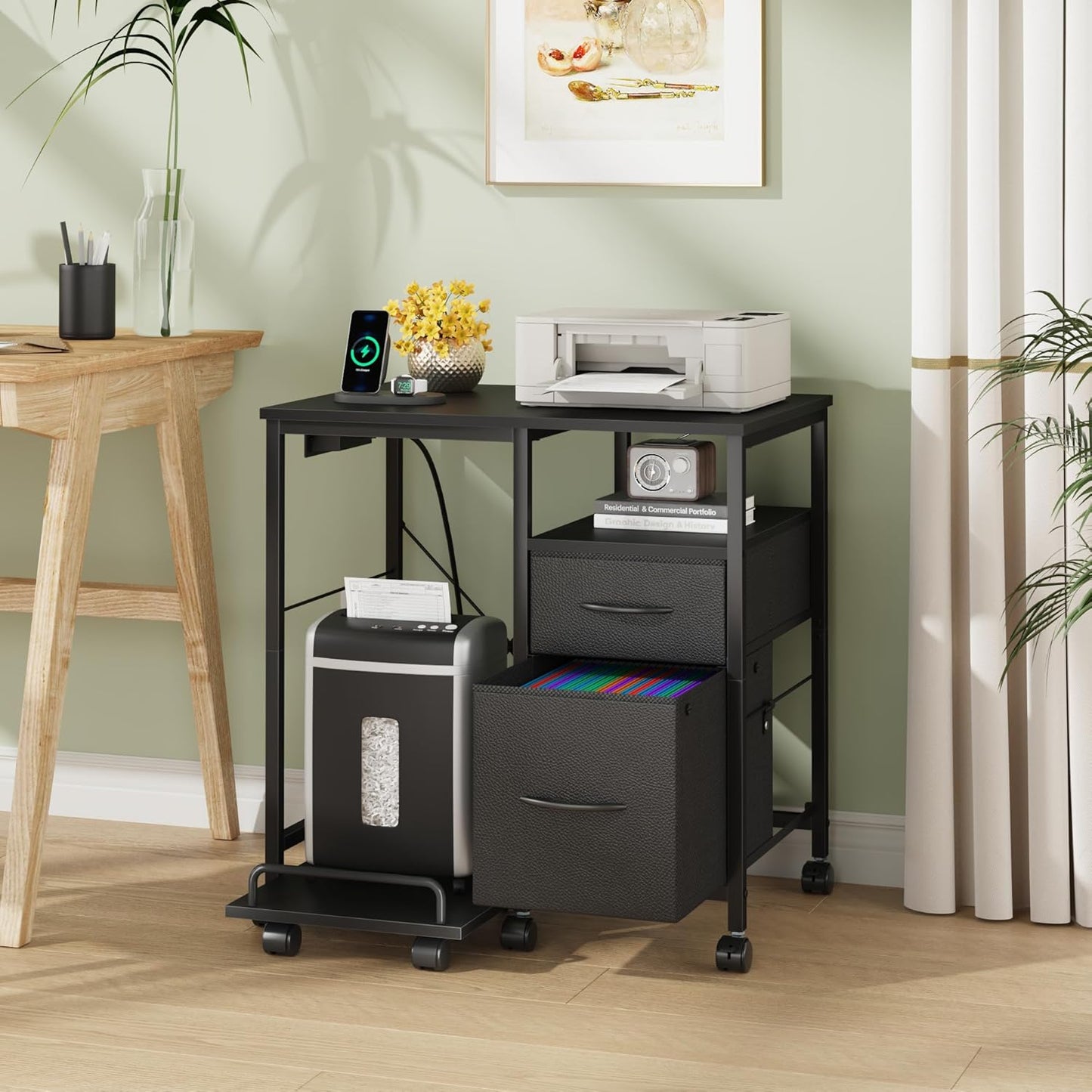 Printer Stand with Power Outlet/Fabric Drawers, Printer Cabinet with Storage Shelf and Rolling Shredder Stand, Printer Table for Home Office, 25.6"×17.7" Black