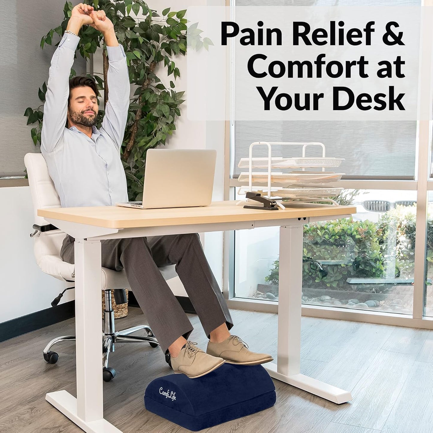 ComfiLife Foot Rest for Under Desk at Work – Adjustable Height Memory Foam Foot Stool for Under Desk, Office Chair & Gaming Chair – Ergonomic Footrest for Back & Hip Pain Relief (Navy)