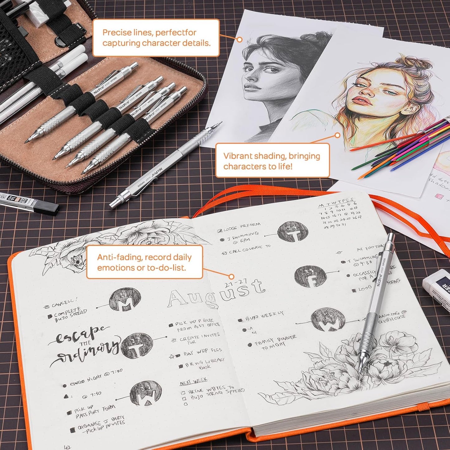 Nicpro 20PCS Metal Mechanical Pencil Set in Leather Case, Art Drafting Pencil 0.3, 0.5, 0.7, 0.9 mm & 2mm Lead Holders, 9 Tube (4B 2B HB 2H Colors) Lead Refills, Erasers For Sketching Drawing