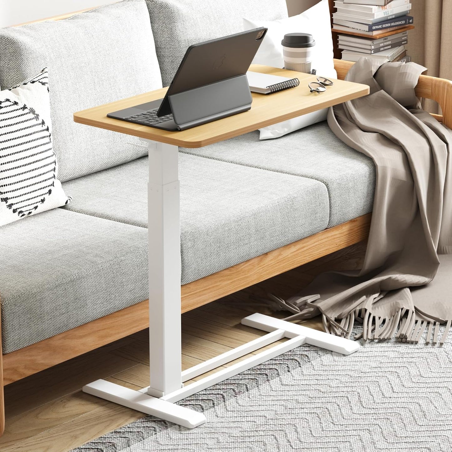 FLEXISPOT Mobile Standing Desk with Wheels Pneumatic Laptop Desk Rolling Computer Cart Movable Height Adjustable Small Sit Stand Desk Computer Workstations Home Use(31.5" W x 17.7" D, Maple)