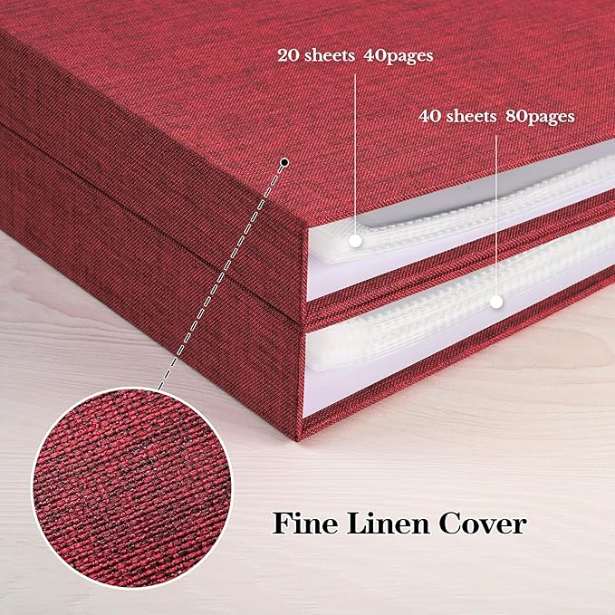 Mublalbum 10x10 Inch DIY Scrapbook Photo Album with 20 Plastic Sleeves 40 Pages Linen Cover 3 Ring Folder Binder for Wedding Baby Family and DIY Projects (Red)