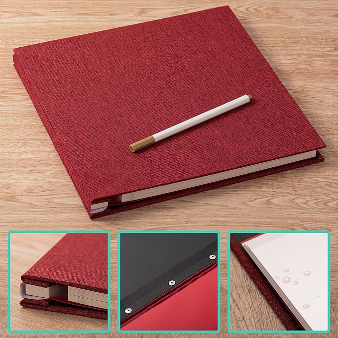 Photo Album Self Adhesive 3x5 4x6 5x7 6x8 8x10 8.5x11, 11x10.6 Magnetic Scrapbook Album DIY Length 11x10.6 Inch 40 Pages Linen Cover DIY Photo Album with A Metallic Pen and and Plastic Board(Red)