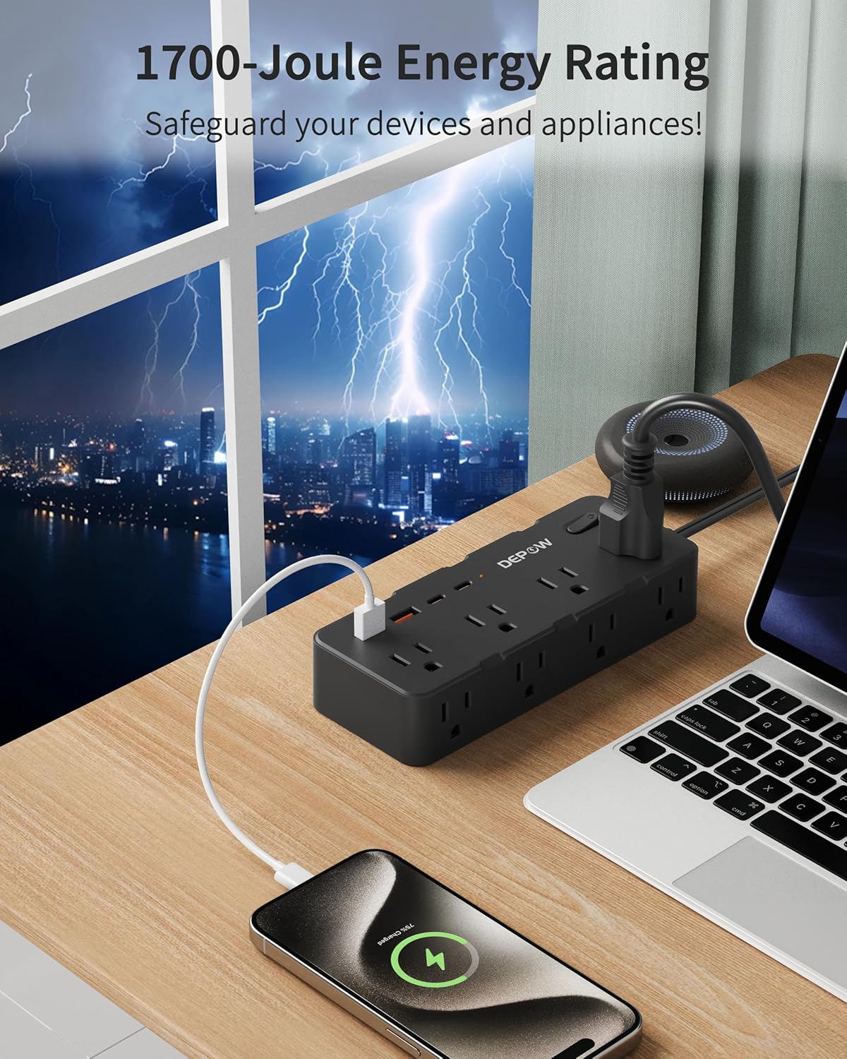 Black 2 Prong Power Strip, 2 to 3 Prong Outlet Adapter with 8 AC & 4 USB Ports (2 USB C), 6 FT Extension Cord, 1700J Two Prong Surge Protector, Wall Mountable, Ideal for Old House