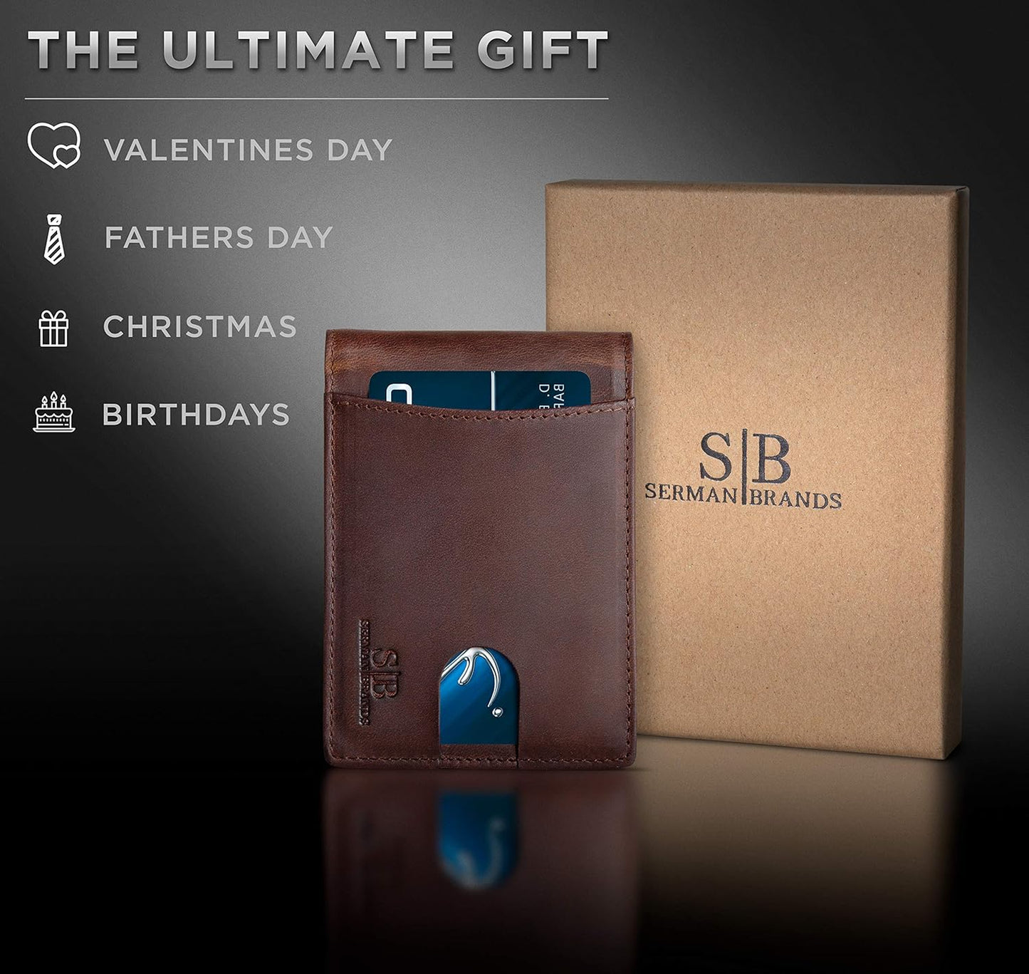 SERMAN BRANDS RFID Blocking Slim Bifold Genuine Leather Minimalist Front Pocket Wallets for Men with Money Clip Thin Gift