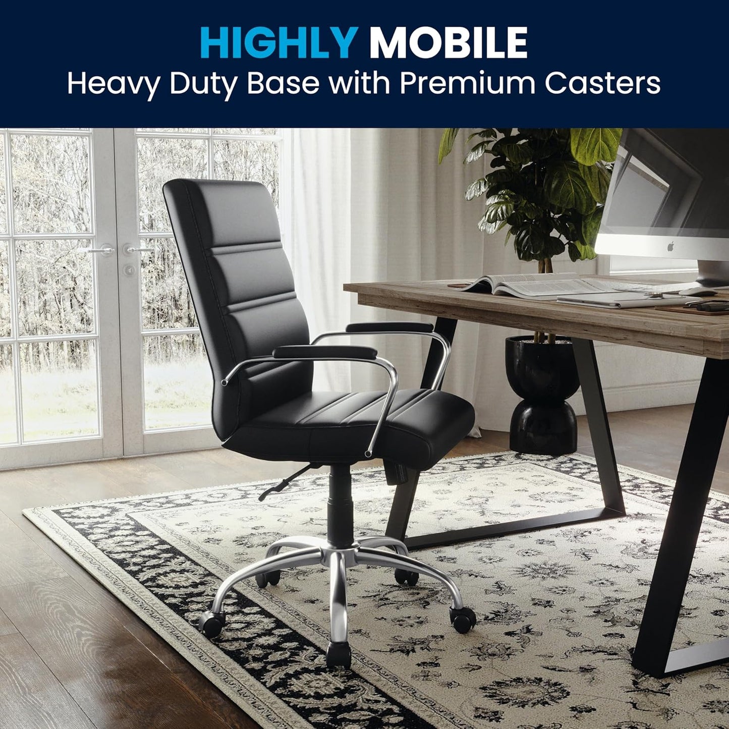 Flash Furniture Whitney Mid-Back Swivel LeatherSoft Desk Chair with Padded Seat and Armrests, Adjustable Height Padded Office Chair, Black