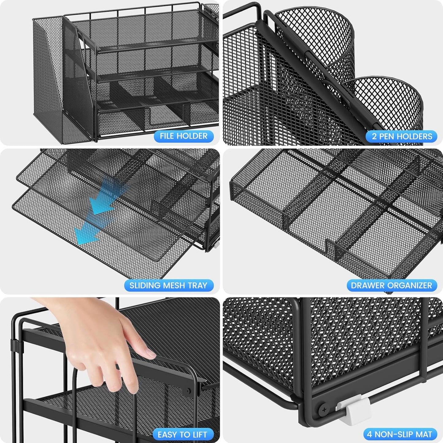 Desk Organizer and Accessories, 4-Tier Desktop File Organizer with Drawer and 2 Pen Holders, Office Desk Accessories for Office Supplies(Black)