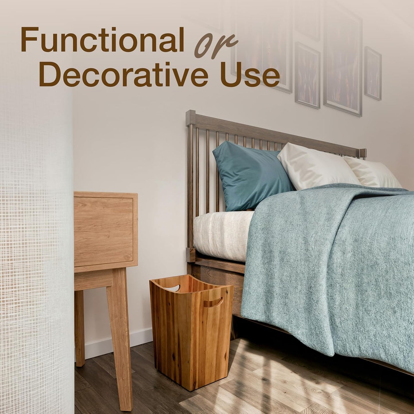 3 Gallons Rectangular Wastebaskets - Acacia Wood Waste Basket with Handles - Small Trash Can for Bathroom - Brown Garbage Bin for Spa Decorative, Kitchen Under Counter, Living Room, Office