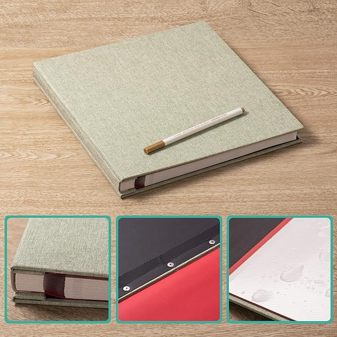 Large Photo Album Self Adhesive Scrapbook Album for 4x6 6x8 8x10 Pictures 12.6"x11" Inch 40 Pages Linen Cover Magnetic Photo Album with A Metallic Pen and DIY Sticker(Grass Green)