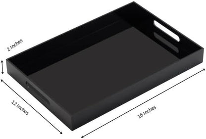 Glossy Black Sturdy Acrylic Serving Tray with Handles-12x16Inch-Serving Coffee,Appetizer,Breakfast,Butler-Kitchen Countertop Tray-Makeup Drawer Organizer-Vanity Table,Ottoman Trays-DecorativeTray