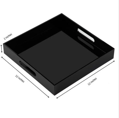 Glossy Black Sturdy Acrylic Serving Tray with Handles - 12x12 Inch Multipurpose Tray for Coffee, Appetizers, Breakfast, and More