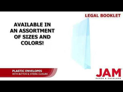 JAM PAPER Plastic Envelopes with Button & String Tie Closure - Legal Booklet - 9 3/4 x 14 1/2 - Blue - 3/Pack