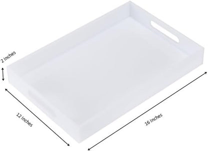 Glossy White Acrylic Serving Tray, 12x16Inch, Sturdy Kitchen Countertop Organizer, Decorative Vanity Table Tray, Ottoman Tray, 3/16 inch Thickness