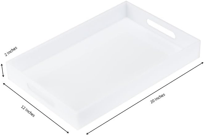 Glossy White Sturdy Acrylic Serving Tray with Handles-12x20 Inch-Serving Coffee Appetizer Breakfast-Kitchen Countertop Makeup Drawer Organizer-Vanity Table Ottoman Decorative Tray