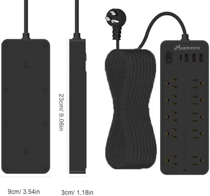 25 FT Power Strips with Surge Protection 1625W/13A,10 Outlets with 4 USB Ports (1 USB C) Long Extension Cord with Multiple Outlets 14-in-1 1700J 16Awg Flat Plug Power Strip Protector Black ETL Listed