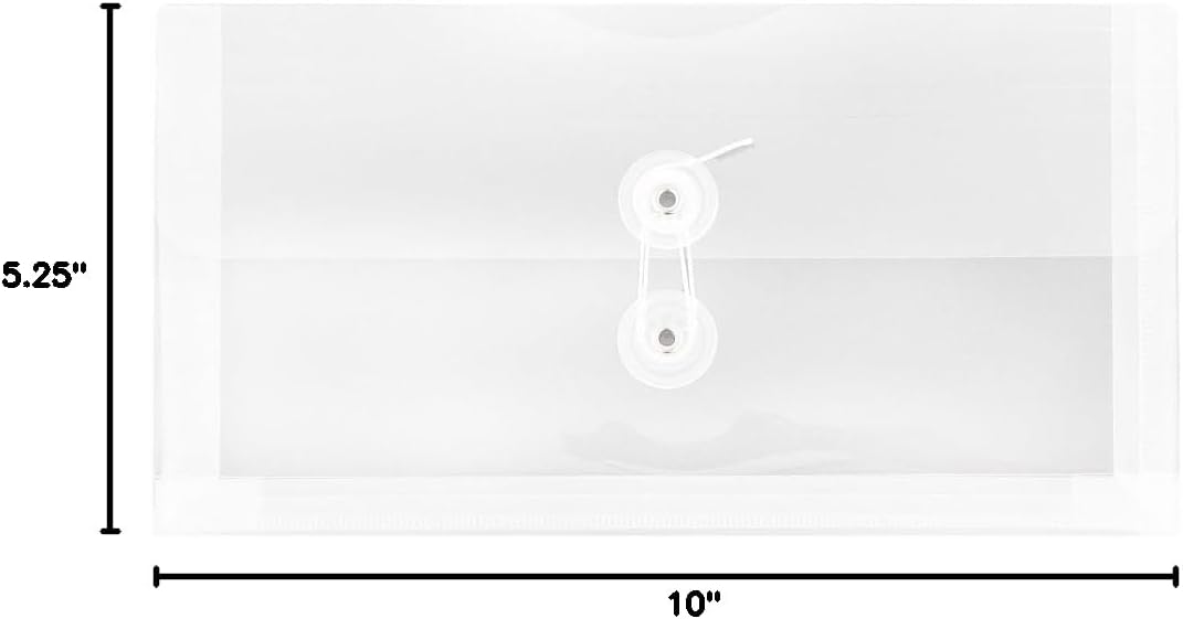 JAM PAPER Plastic Envelopes with Button & String Tie Closure - #10 Business Booklet - 5 1/4 x 10 - Clear - 12/Pack
