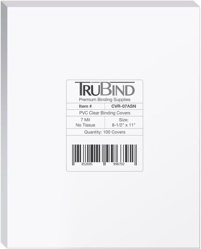 TruBind Binding Covers for Reports and Presentations - Crystal Clear PVC - 7 Mil Thick - Letter Size - 8 1/2 inch x 11 inch - Square Corners - No Tissue Interleaving - 100/Bx (CVR-07ASN)